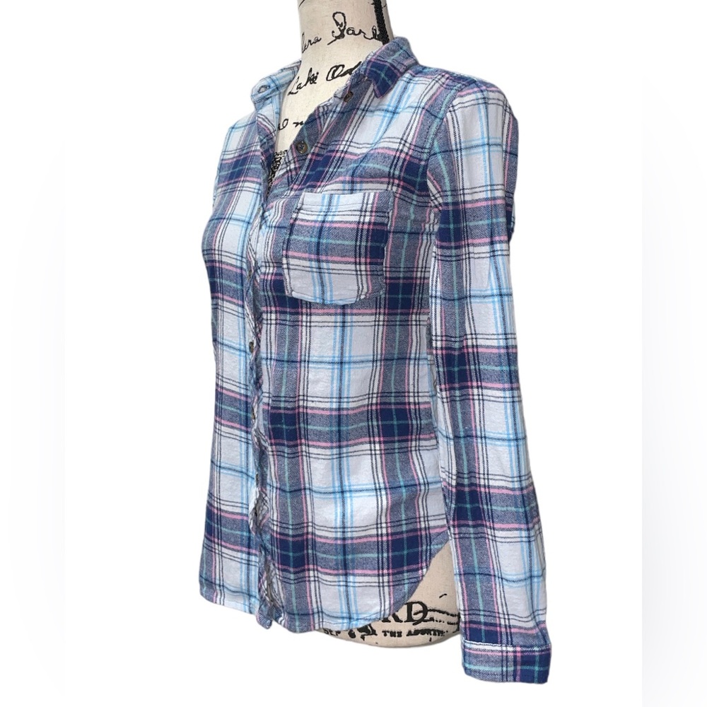 Polly & Esther Women’s Blue Pink Plaid Button Down Shirt 100% Cotton Small
